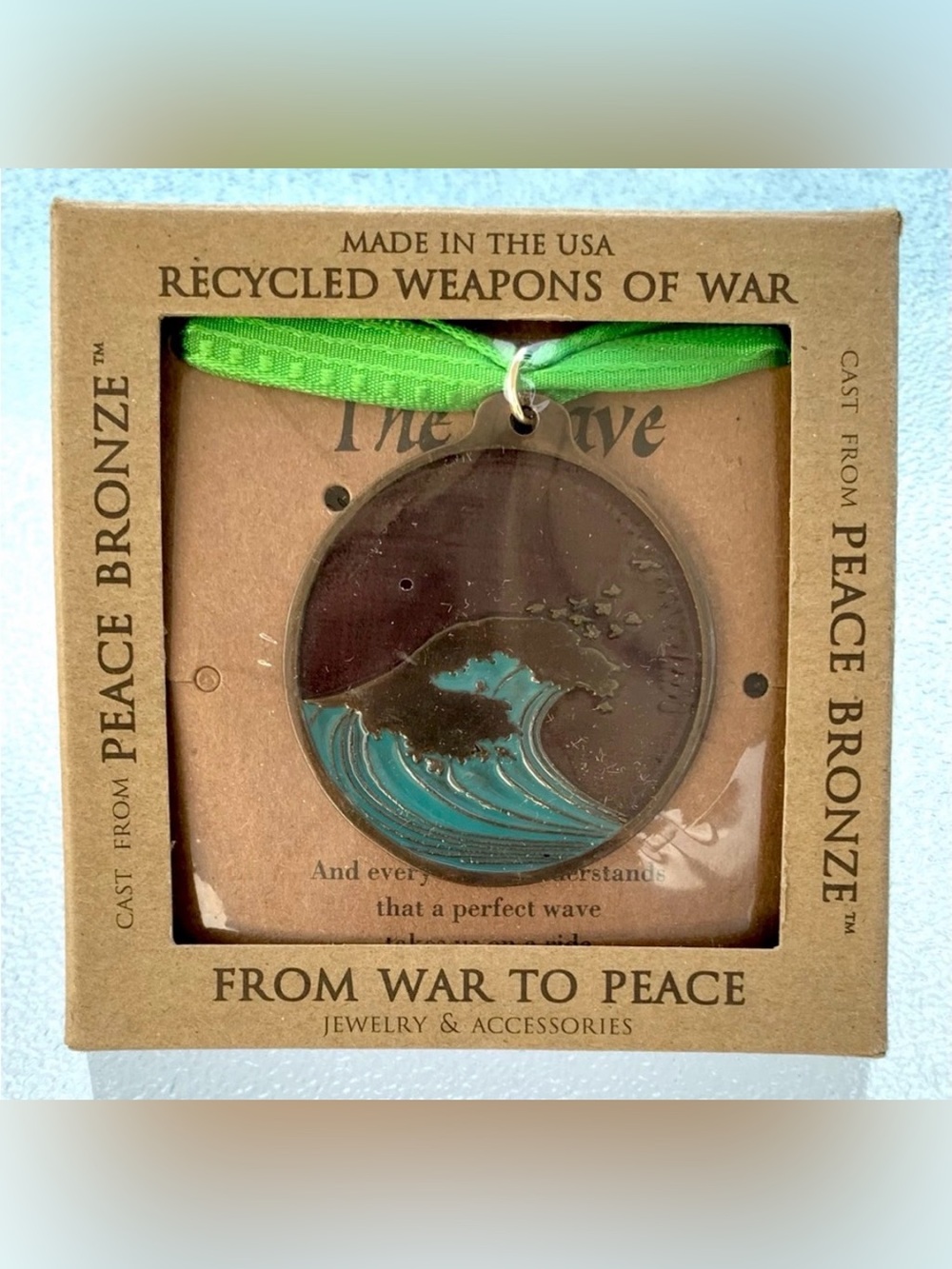 Bronze Ocean Wave Ornament with Bright Green Ribbon ~ Bronze Sky/Blue Wave